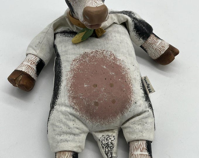 Vtg PETigrees Cow With Bell bean Bag Americana Folk Art Handmade 16" Farmhouse