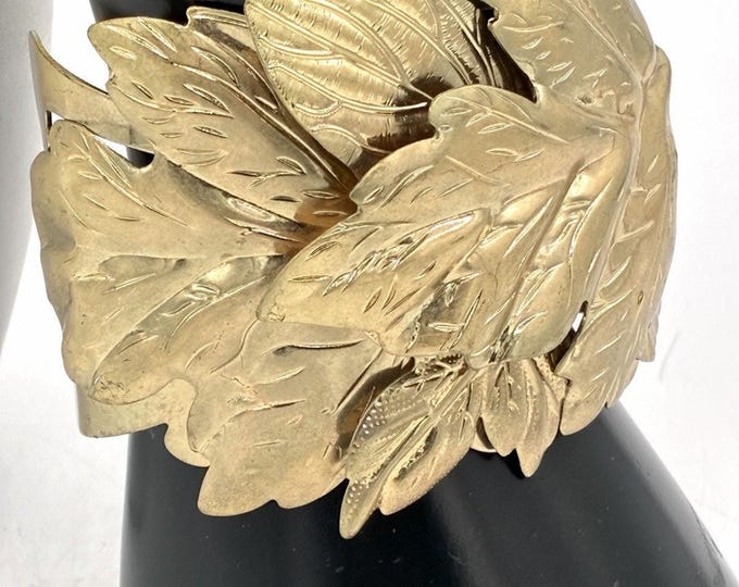 Vintage Gold Tone Leaf Cuff Bracelet Wide Botanical Statement Jewelry