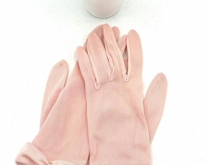 Vintage Pink Nylon Dress Gloves Bow Cuff Size 7 British Crown Colony Hong Kong