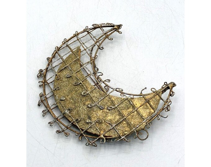 Vintage Gold Wire Glitter Crescent Moon Christmas Ornament Frame Germany Style