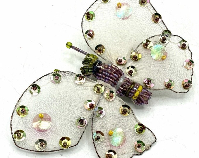 Vintage Beaded Butterfly Brooch 4.5” Mesh Sequin Statement Pin Handmad