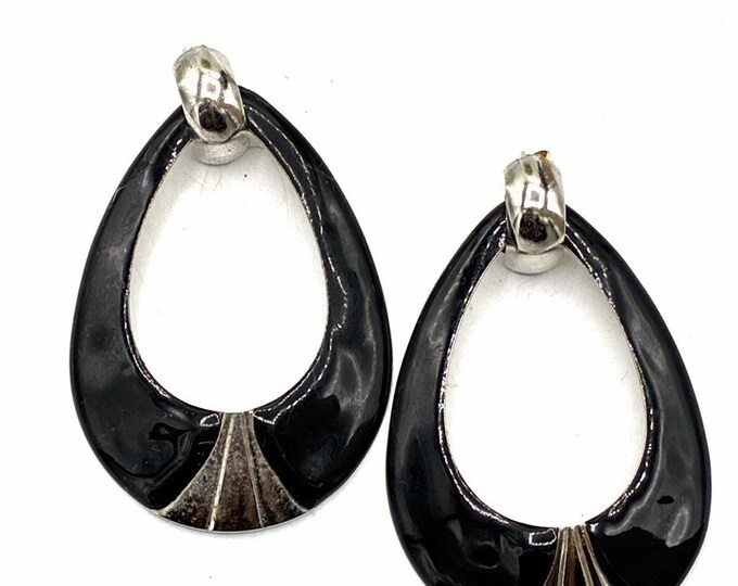 Black Enamel Teardrop Earrings Silver Tone Open Drop Vintage Style 2”