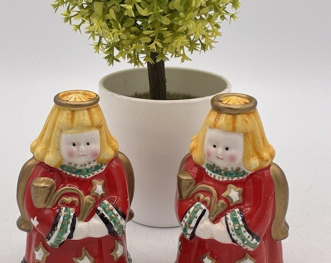 Vintage Angel Salt Pepper Shakers Christmas Red Gold Ceramic 3.5” Pair AS IS
