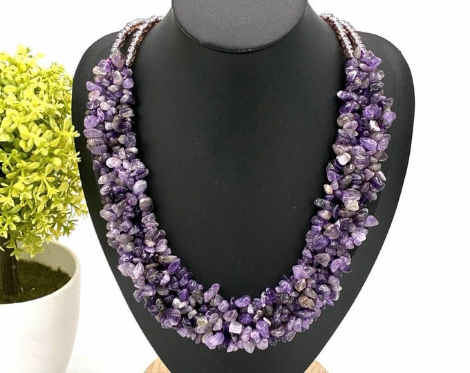 Purple Amethyst Stone Chip Multi Strand Statement Necklace 17”