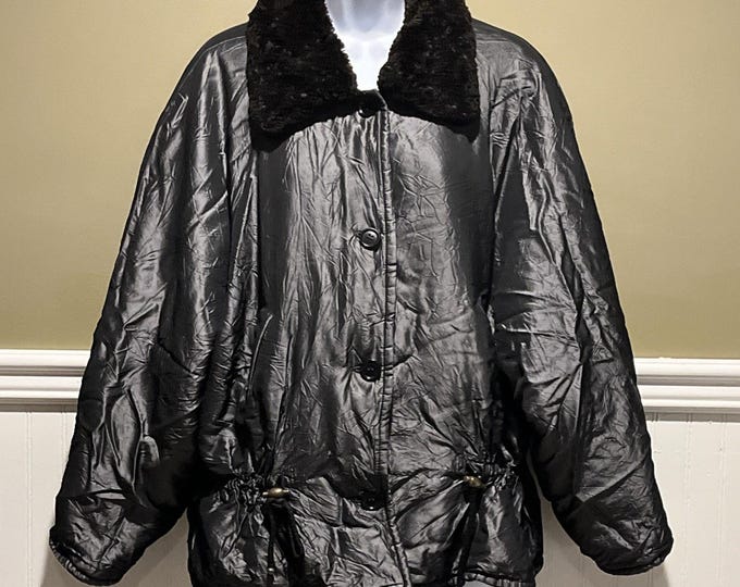 Vintage Anne Klein II Dark Gray Winter Jacket L Plush Collar Shiny Puffer Style