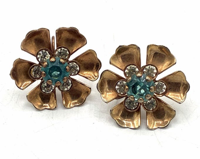 Vintage Copper Tone Aqua Blue Rhinestone Flower Screw Back Earrings
