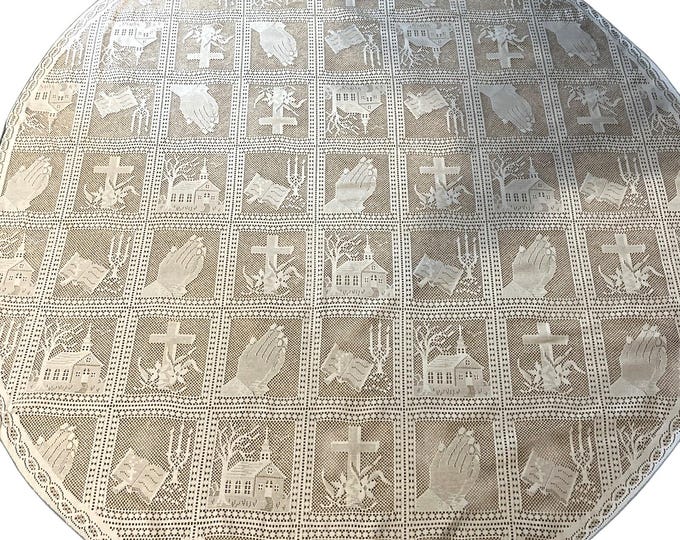 Vintage Baby Blue Lace Tablecloth Oval Christian Cross Blessing 65x70"
