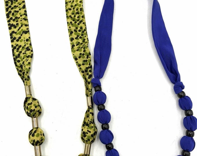 Vintage Fabric Bead Necklaces Lot of 2 Green Animal Print Blue Statement