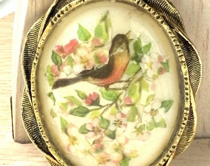 Vintage Robin Floral Pendant Double Sided Mirror Back Domed Glass Gold Tone