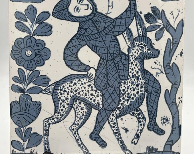 Vtg Blue White Trivet Tile 6x6” Medieval Design St Francis ?? Man On Donkey READ
