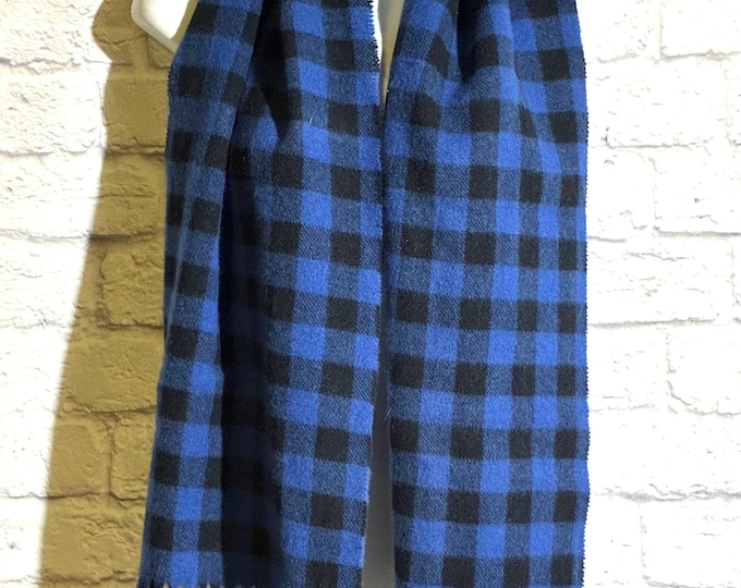 Vintage Neiman Marcus Lambswool Scarf Blue Black Buffalo Plaid Italy 50 x 11