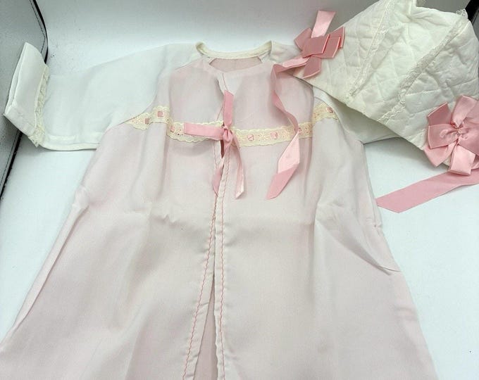 Vintage Baby Daygown & Quilted Bonnet Set Pink Ribbon Lace Eyelet Newborn 0-3M