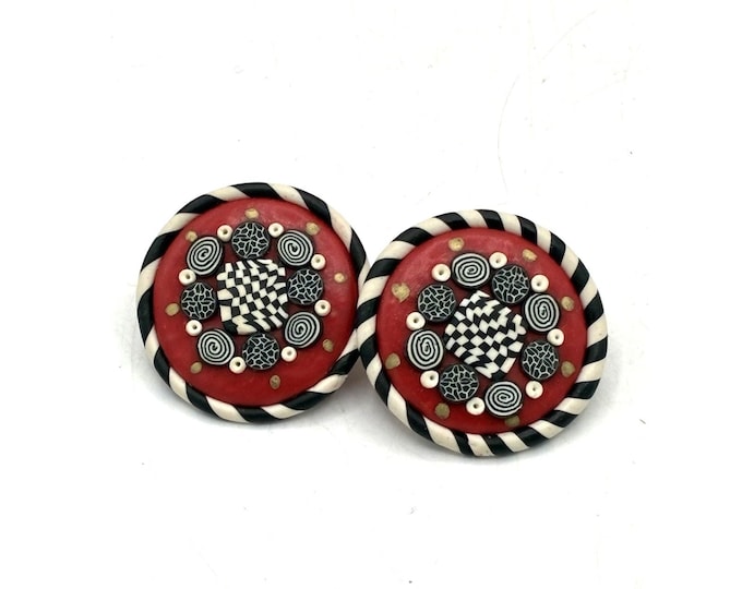 Robin K Signed Earrings • Polymer Clay Millefiori Studs • Red Black White 1.5” Artisan Jewelry