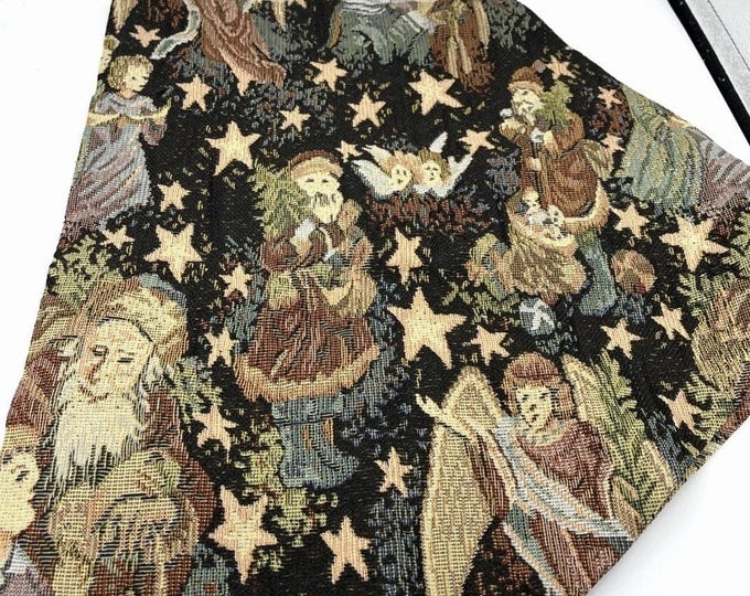 Vintage Christmas Tapestry Table Runner 35” Old World Santa Folk Art Stars