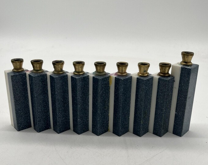 Rare Estate Menorah Blue White Marble? Adrian ? Art By Isaac Judaica USED