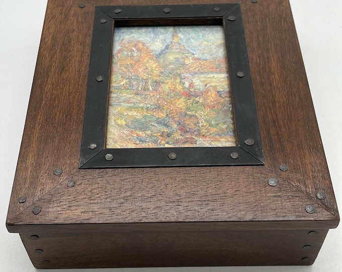 Vintage Dark Wood Picture Trinket Box 8.5”x7”x2 Made In India Trivets Stunning!