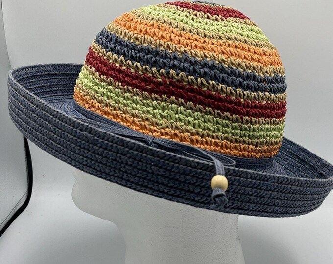 Vintage Blue Colorful Striped Paper Sun Hat Boho Style With Wood Bead Accent