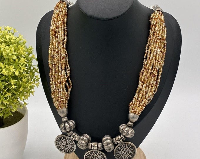Multi Strand Caramel Honey Seed Bead Necklace Silver Tone Sun Medallions 20”