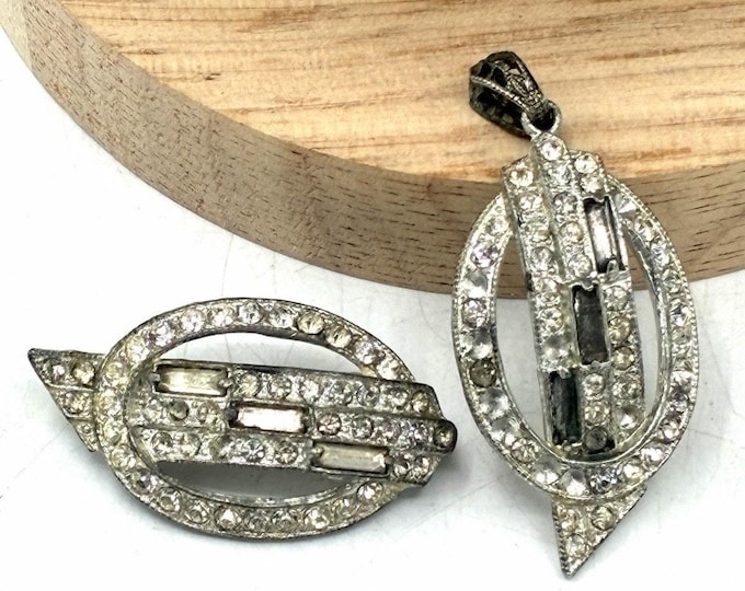 Antique 1920s Art Deco Paste Rhinestone Brooch Pendant Set Pot Metal Unsigned