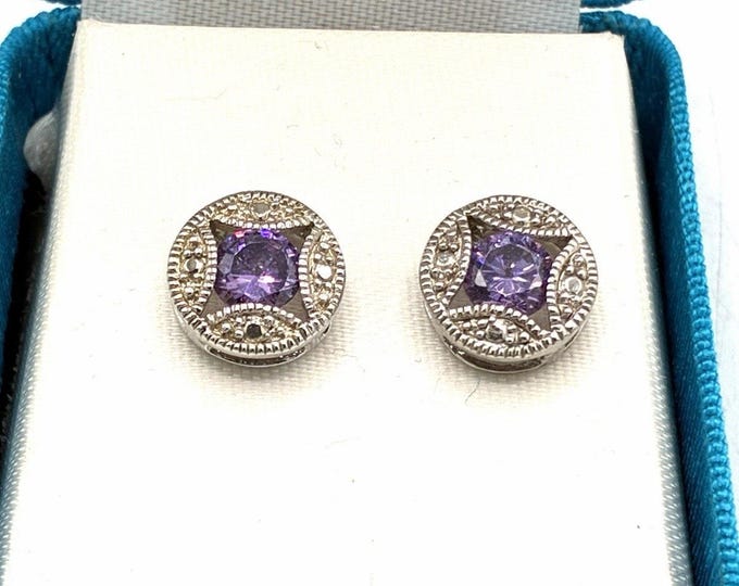 Purple Cubic Zirconia Round Earrings Silver Tone Filigree CZ Estate Jewelry