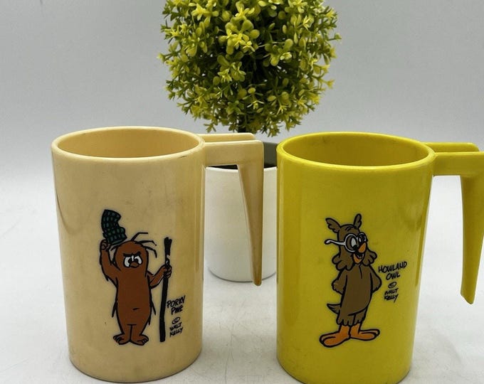 Vintage Walt Kelly Pogo Plastic Mugs Porky Pine Howland Owl 1960s Comic Strip