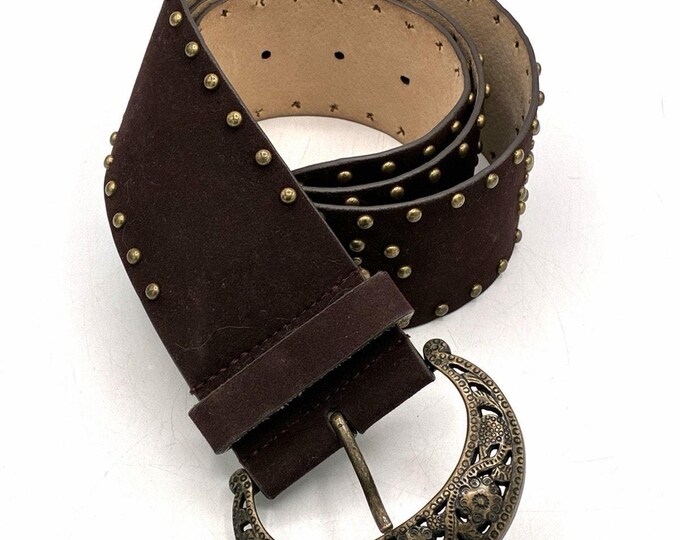 Wide Brown Studded Belt 37-41 Inch 2.5” Brass Tone Boho Western Statement