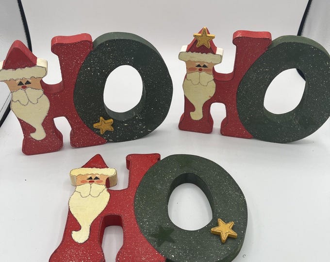 Vintage Wood HO HO HO Santa Christmas Decor Shelf Sitters Hand Painted