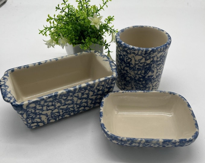Gerald E. Henn Spongeware Loaf Pans – Set of 3 – Roseville Ohio Pottery Farmhouse Kitchen