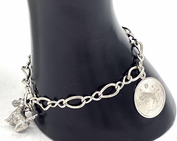 Sterling Silver Taurus Zodiac Charm Bracelet — Figaro Chain, Dog Charm, Kinney Tag, 14g