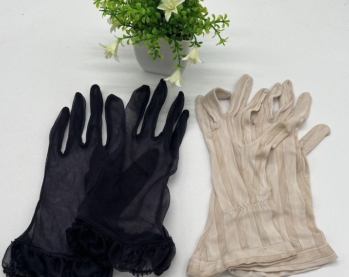 Vintage Women’s Gloves Lot of 2 Black Sheer Ruffle Ivory Knit Dress Gloves