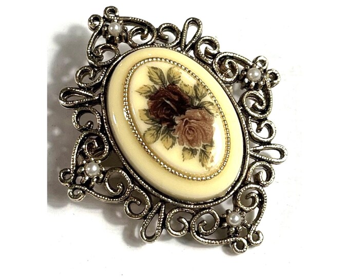 Vintage Filigree Brooch Cream Porcelain Rose Cabochon Pearl Accents