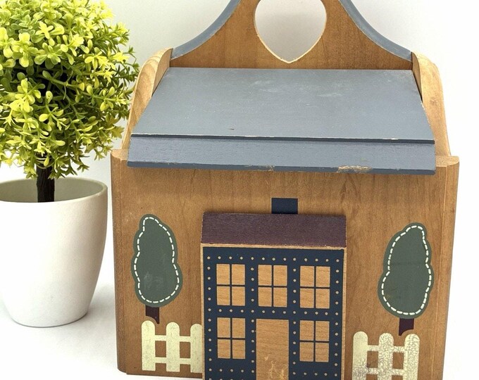 Primitive Folk Art Wood Recipe Box House Shape Heart Cutout Painted Good Wood