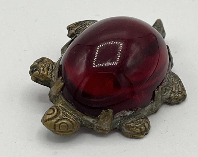 Vintage Red Lucite Turtle Brooch Brass Tone Jelly Belly Style Tortoise Pin