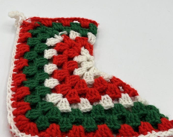 Vintage Handmade Crochet Christmas Stocking 8x9 Granny Square Red Green White Cottage Holiday Decor