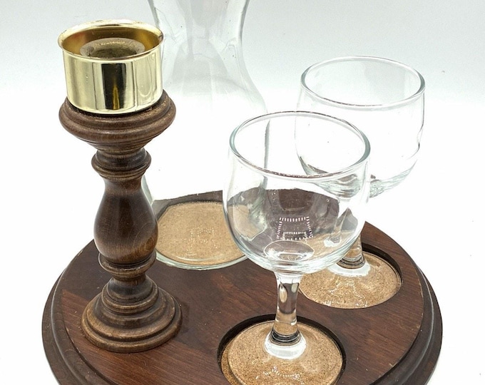 Vintage Wood Candlelight Wine Set Carafe 2 Glasses Round Serving Tray 1970s