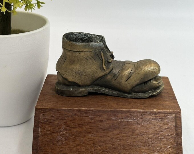 Bronze Shoe Sculpture on Wood Base – Vintage Rustic Art