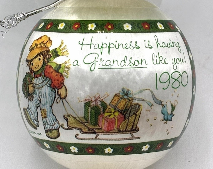 Vintage 1980 Grandson Satin Christmas Ball Ornament Robby Hobbie WWA Inc