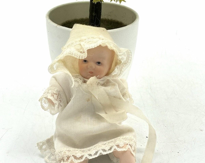Antique Style Bisque Baby Doll 5” Painted Face Lace Christening Gown