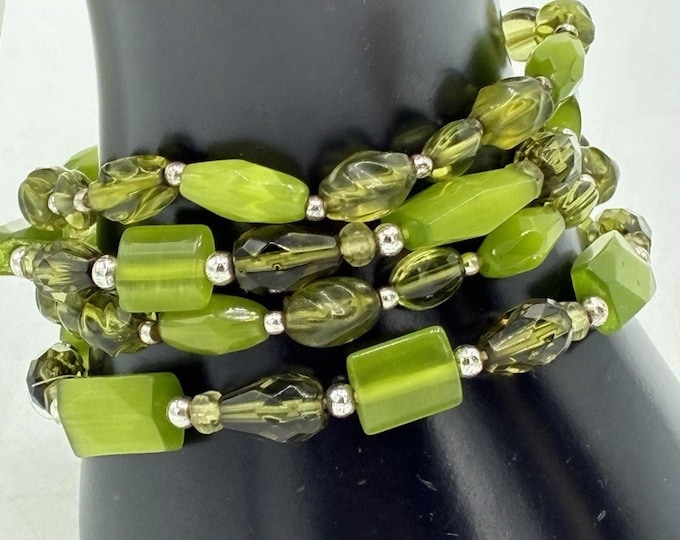 Green Beaded Stretch Bracelet Set of 4 Layering Boho Statement Jewelry