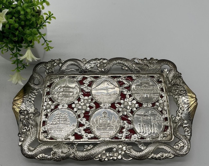 Vintage Japanese Dragon Chrome Tray Reticulated Red Buddha Pagoda 10 Inch