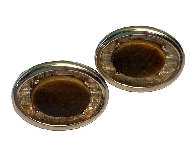 Vintage Tiger Eye Gold Tone Oval Cufflinks 1” Textured Frame Men’s Gift