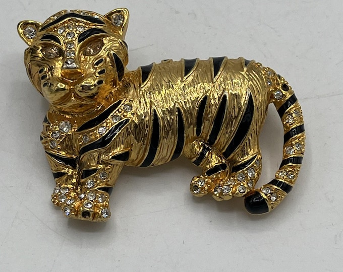 Vintage Liz Claiborne LC Tiger Brooch Pin Gold Tone Black Enamel Rhinestone