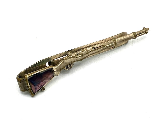 Vintage Rifle Shotgun Figural Tie Bar Clip Novelty Hunting Purple Stone Inlay