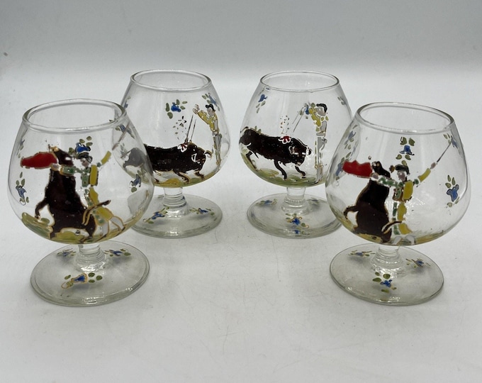 Set Of 4- 3.5” Vtg brandy Cognac glasses Hand Painted Spain Bullfight Matador