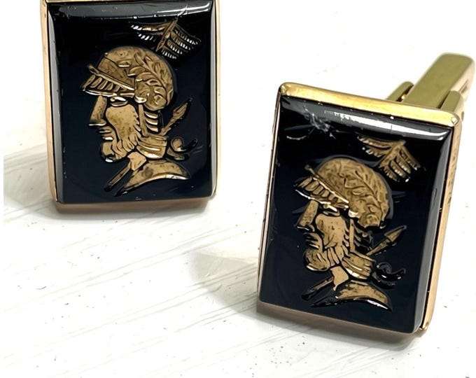 Vintage Hickok Roman Soldier Cufflinks Black Intaglio Glass Gold Tone