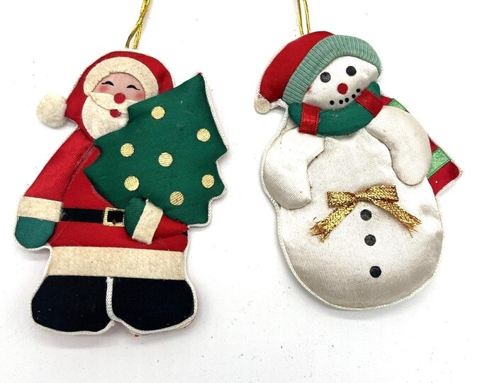 Handmade Fabric Santa Snowman Ornaments Vintage Artisan Holiday Magnets 4 Inch