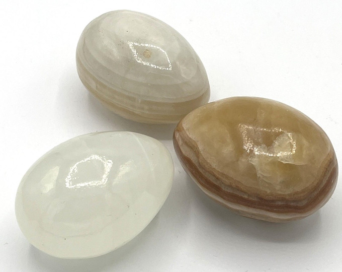 Vintage Set 3 Polished Banded Onyx Stone Eggs 3” Cream Caramel Decor