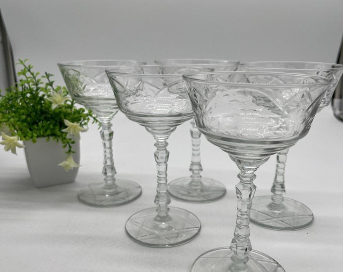 Libbey Rock Sharpe Normandy Champagne Sherbet Glasses Set of 5 Etched Crystal 6"
