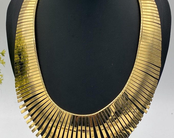 Vintage Gold Tone Fringe Collar Necklace Articulated Statement Bib Runway Style