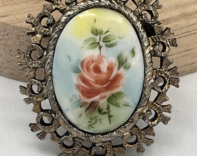 Vintage Floral Porcelain Cameo Brooch Gold Tone Frame Hand Painted Oval Pin Sign